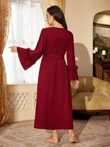 PalaceNights Elegant Tie-Front Robe, Comfortable Home & Outdoor Wear Pajamas - Burgundy - View 2
