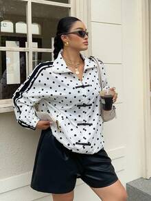 Muchica Plus Size Women's Polka Dot Pattern Frog Button Design Lightweight Jacket - Black and White - View 7
