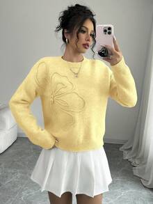 Selianne 女款花卉圖案休閒百搭日常穿著長袖針織衫 - 鵝黃色 - 查看 6