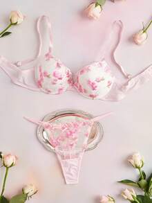 Elorette 2pcs Hot Pink Underwire Molded Cup Comfy Balconette Push Up Embroidered Floral Pattern High Support Lift And Gather Romantic Cute Women's Lingerie Set - Pink - View 12