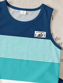 Young Boy Casual Simple Short Sleeve 2-Piece Set Suitable For Spring And Summer, Classic Summer Beach Vacation Striped Pattern Print, Classic Beach Surfboard, Coconut Tree Pattern Print, Suitable For Vacation - Multicolor - View 2