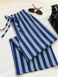 SHEIN EZwear 女款休閒繫腰直筒長褲，適合夏季穿著 - 彩色 - 查看 3