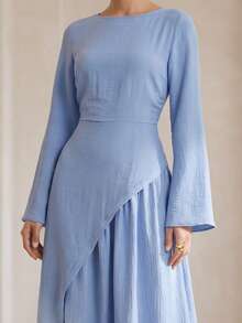 Graceveil Women Spring Autumn Textured Wrinkle Cinched Waist Maxi Dress Round Lantern Sleeve Metal Decor Gown For Daily Outing Date Sisters Gathering - Blue - View 5