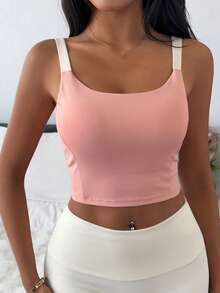 DAZY Contrast Color Shoulder Strap Padded Cropped Sports Bra For Women - Pink - View 5