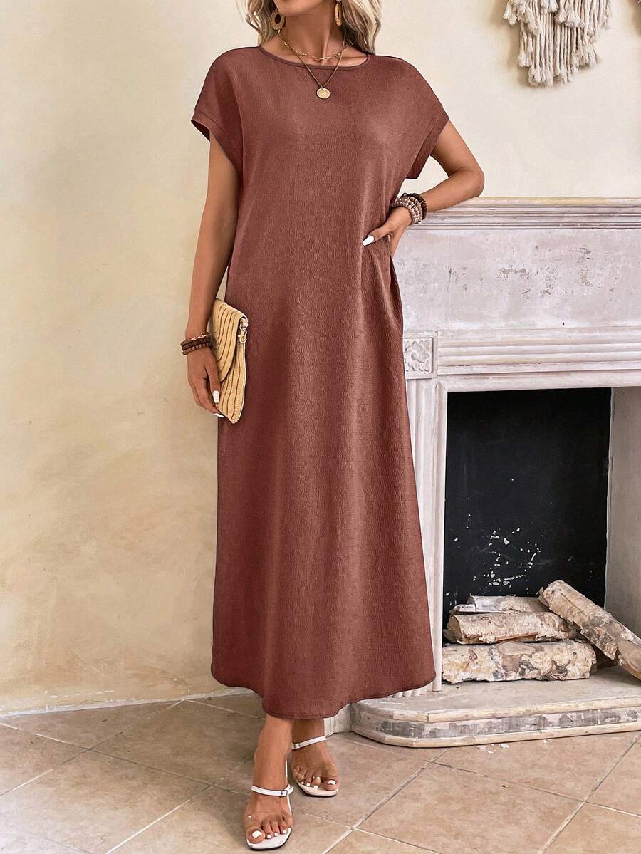 EMERY ROSE Vestido corto de manga corta sencillo y diario para mujer de unicolor - Café integral - Ver 1