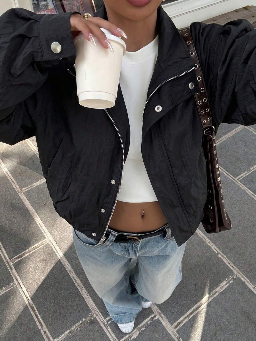 Muchica Plus Size Casual Versatile Solid Color Jacket, Spring/Autumn - Black - View 1