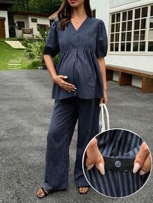 Dazy Maternity Fashion Striped Set Loose Short Sleeve Top Long Casual Pants Daily Wear Maternity 2 Pieces Set Summer - Navy Blue - View 5