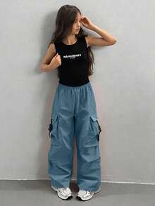 SHEIN 少女彈性腰休閒百搭日常工裝褲 - 藍色 - 查看 3