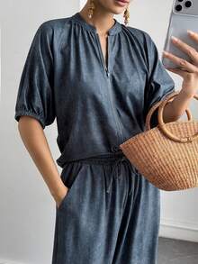 DAZY Conjunto de 2 piezas de mujer de verano y otoño, cuello en V, manga corta, cremallera, cintura con lazo, pierna ancha suelta, azul pizarra, denim, casual para vacaciones - Azul Marino - Ver 6