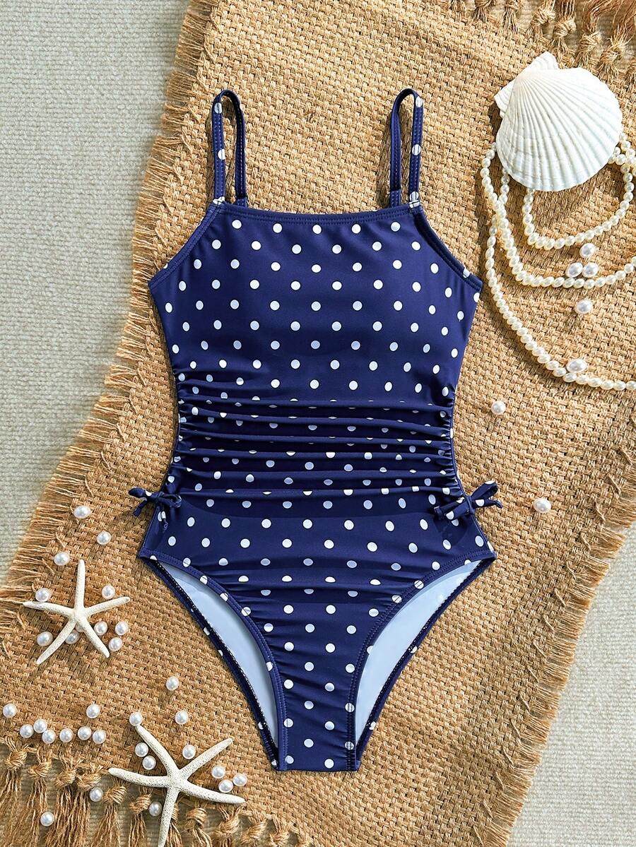 SHEIN Tween Girl Cute Polka Dot Print Ruched Side Bow One-Piece Swimsuit Suitable For Swimming, Vacation, Summer