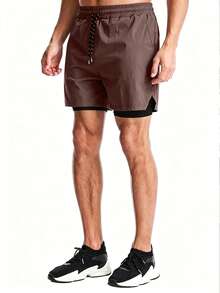 Coreblaze Men's Drawstring Waist Double Layer Sports Shorts - Brown - View 4