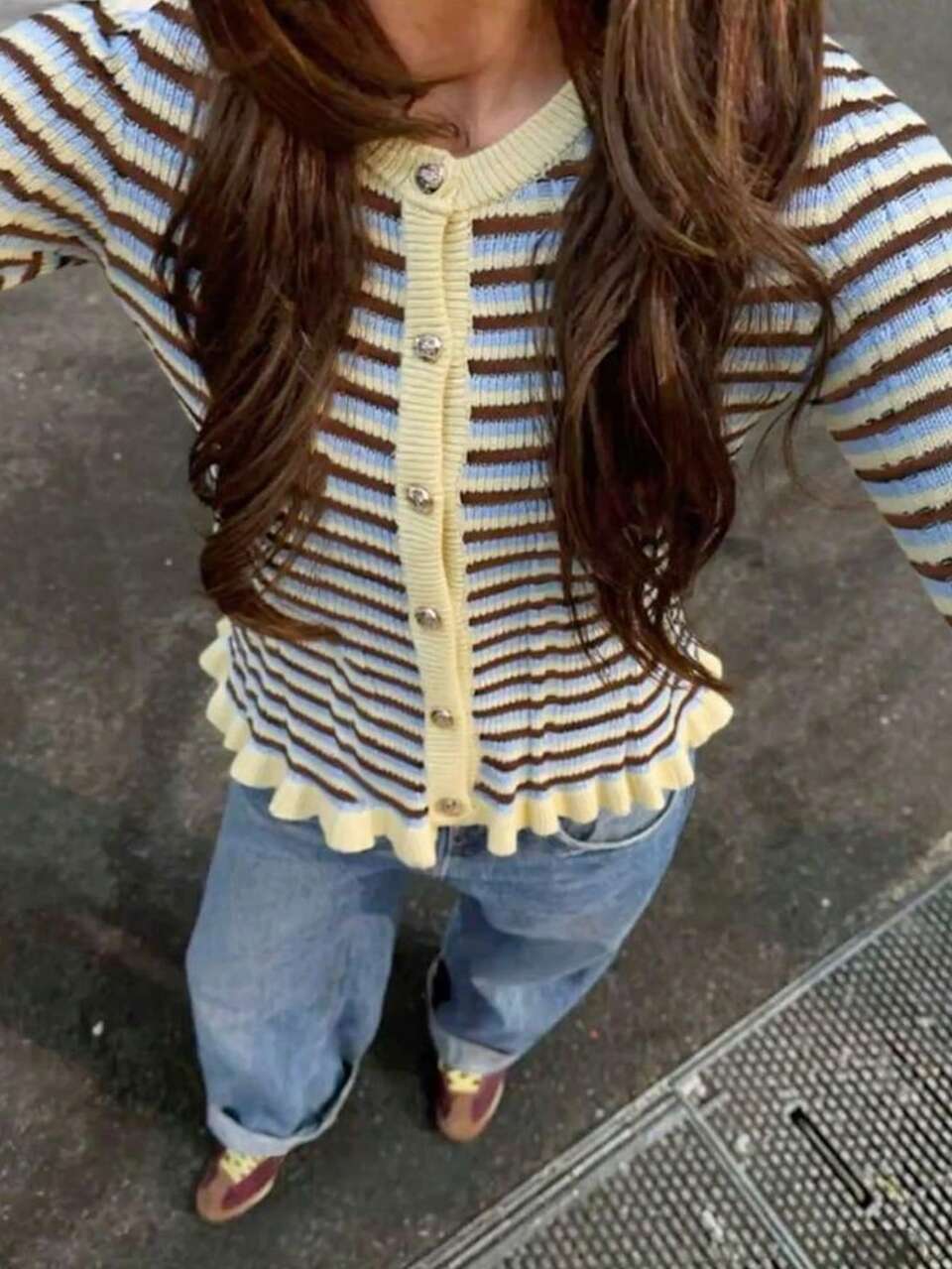Women's Striped Long Sleeve Single-Breasted Casual Knit Cardigan Cute Tops