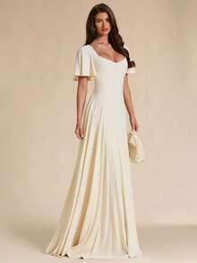 SHEIN BAE Spring/Summer Solid Cream White Square Neck Ruffle Sleeve A-Line Flared Maxi Dress Christening Elegant - Apricot - View 6