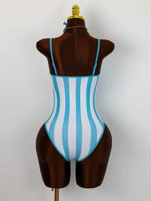 Swim Mod 春夏新款歐美風性感比基尼泳衣套裝，高衩三角褲搭配海洋生物印花，對比色細邊飾，聚攏小胸，雙肩帶，甜美清新顯瘦連身泳衣，適合女性與女孩，溫泉、海灘度假、生日派對 - 彩色 - 查看 4