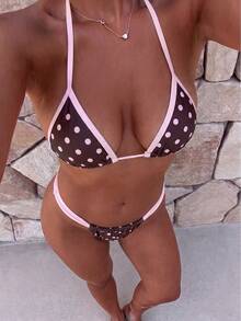 Swim Mod Spring/Summer Full Print Color Block Polka Dot Halter Tie Two Pieces Swimsuit Set - Multicolor - View 3