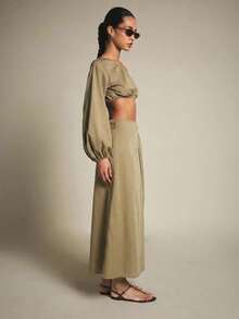 KSTM One Shoulder Long Sleeve Crop Top And Wrap Midi Skirt Two Piece Co-Ord Set Summer Vacation Brunch Khaki Sexy Elegant - Khaki - View 7