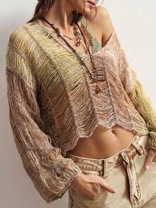 Bohemela Vintage Boho Gradient Seahorse Hollow Knit Sweater Vacation Dusty Pink Autumn - Champagne - View 1