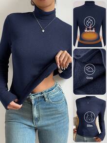 Fluxe Top basic da donna a collo alto slim a maniche lunghe tinta unita per autunno e inverno, in tessuto caldo foderato in pile - Blu Navy - Visualizzare 3