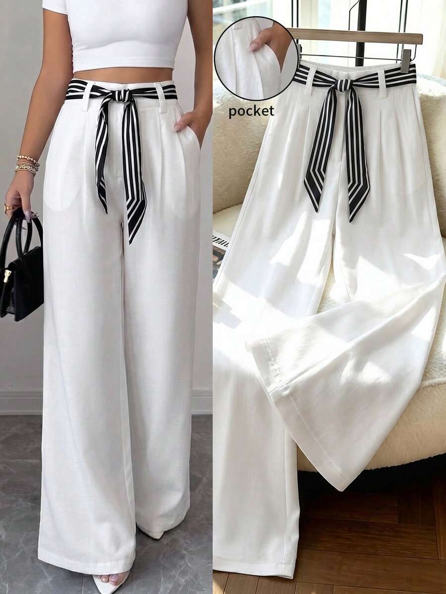 SHEIN Clasi Women's Striped Scarf Contrast Striped Decor Suit Pants Long Pants Spring Summer Elegant Commute - Apricot - View 1
