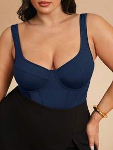 SHEIN BAE 大尺碼女款性感純色無袖連身衣，夏季 - 藏蓝色 - 查看 6