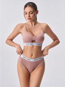 Loungeista 1 set Soutien-gorge et culotte français sexy et ajourés pour femmes, confortable et sans fil. Débardeur imprimé de lettres, beau dos, rembourrage de poitrine enveloppé. Ensemble de soutien-gorge de sport. - Rose bonbon - Voir 3