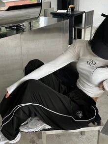 Livesso Tall 女款彈性腰側邊對比色織帶印花休閒寬鬆長褲 夏季 - 黑色 - 查看 5