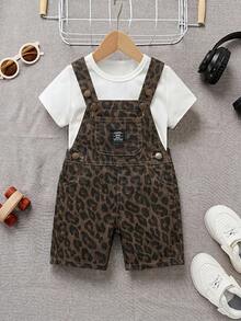 SHEIN Baby Jungen Sommer Lässig Patchwork Detail Baggy Gerade Bein Denim Latzhose Jumpsuit - Verschiedenfarbig - Übersicht 5