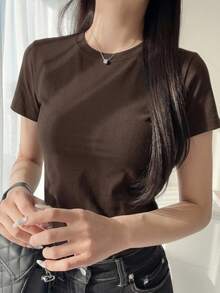 DAZY 1pc Women's Solid Color Crew Neck Fitted Short Sleeve T-Shirt - Coffee Brown - View 13