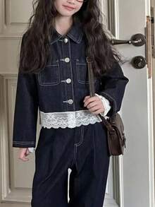 女童 Y2K 休閒深藍色牛仔蕾絲飾邊拼接長袖短版夾克，適合夏季/秋季，返校季 - 深色水洗藍 - 查看 6