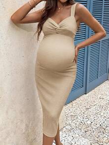 SHEIN 孕婦純色扭結設計修身無袖優雅洋裝 - 卡其色 - 查看 7