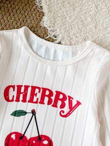 SHEIN 女嬰米色針織直條紋長袖連身衣，復古櫻桃 CHERRY 字母印花圓領連身衣，簡約修身長袖三角連身衣，春秋內搭，外出穿搭，新生兒百日照相，日常推車穿著，百搭舒適嬰兒衣物 - 杏色 - 查看 5