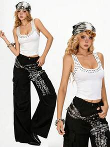 HueRush New Arrival Summer/Autumn Studded Ribbed Tank Top, Slim Fit U-Neck Sleeveless Camisole Everyday White Streetwear Y2k - White - View 1