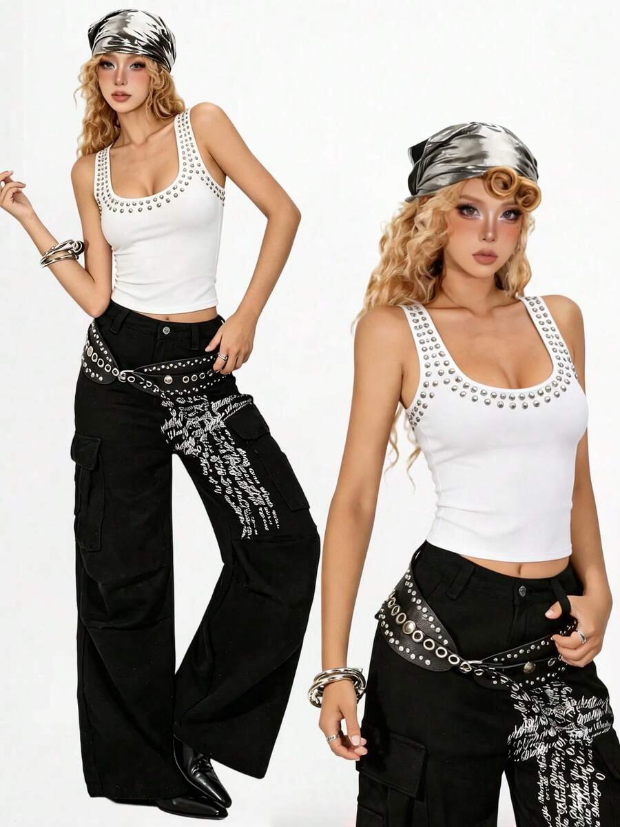 HueRush New Arrival Summer/Autumn Studded Ribbed Tank Top, Slim Fit U-Neck Sleeveless Camisole Everyday White Streetwear Y2k - White - View 1