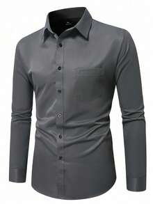 Manfinity Mode Men's Plus Size Business Casual Front Button Long Sleeve Shirt, For Fall, Formal, Ceremony - Dark Grey - View 3