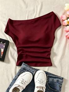 SHEIN Camiseta sencilla con hombros descubiertos para niñas preadolescentes, primavera y verano - Burdeos - Ver 2