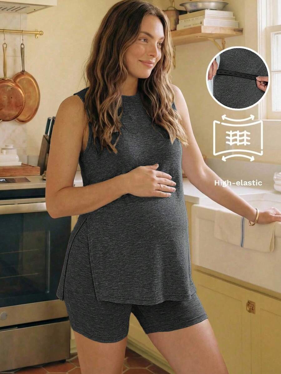 Slowluna 孕婦純色圓領側開衩背心與可調腰圍短褲休閒兩件套 - 深灰色 - 查看 1