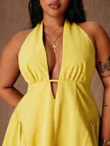 Rustia Vestido de Talla Grande con Diseño Sexy y Elegante, Escote Profundo en V, Cuello Halter con Lazo y Cintura Ceñida - Amarillo - Ver 3