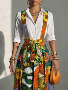 Elenzga Falda con tirantes y estampado floral de moda - Naranja Quemada - Ver 4