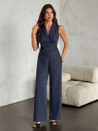 SHEIN Tall New Spring/Summer Women's Casual And Elegant Blue Striped Two Pieces Set (Top And Pants)