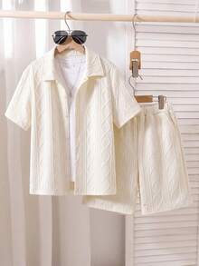 2 pièces/Set Chemise décontractée à texture géométrique pour garçons adolescents, tissu confortable, convient pour les déplacements quotidiens et les vacances - Beige - Voir 3
