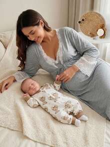 SHEIN Newborn Baby Girl Casual Cute Knitted Cartoon Pattern Long Sleeve Home Wear Romper - Apricot - View 8