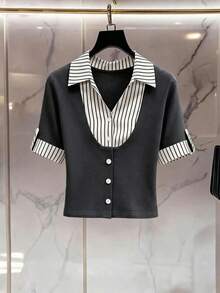 SHEIN Franclia Camiseta de mujer de manga corta con cuello polo a rayas y parches, blusa casual de manga corta con botones y estampado, nueva colección de blusas de verano y otoño 2026 - Gris - Ver 6