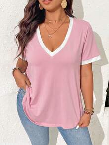 SHEIN Frenchy Plus Size Versatile Fashion Textured Colorblock Short Sleeve T-Shirt For Daily Wear Formal Vacation Pink Summer Casual - Pink - View 4