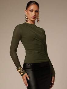 Silquee Camiseta elegante para mujer de unicolor con fruncido y ajuste ceñido para ir al trabajo - Verde militar - Ver 3