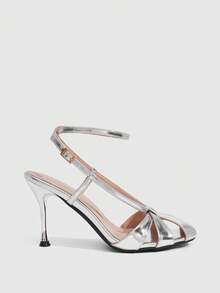 CUCCOO SZL Gentle Atmosphere Full, Retro Round Toe Hollowed Out Thin Heel Back Strap Thin High-End, Silver Thin Heel Women's Sandals - Silver - View 2