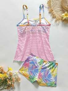 Swim Lushoire 春夏新款鏤空拼接印花分體式比基尼套裝，含吊帶上衣與比基尼下裝 - 淺粉色 - 查看 2