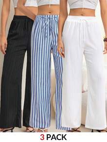 SHEIN Tall 3pcs Set Black Blue And White Textured Fabric With Thick Stripes Nautical Style Vacation Women's Casual Waist Tie With Pockets Straight Leg Pants - Multicolor - View 1