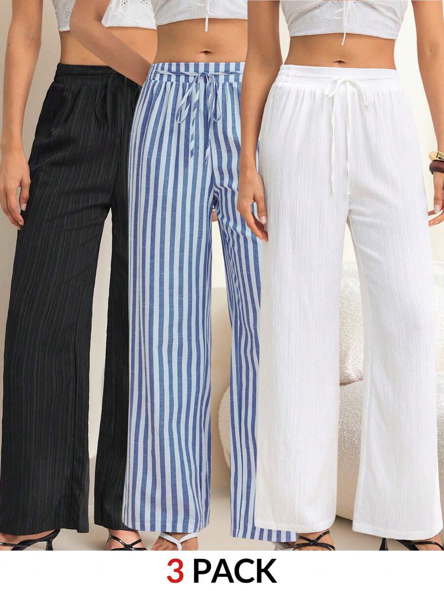 SHEIN Tall 3pcs Set Black Blue And White Textured Fabric With Thick Stripes Nautical Style Vacation Women's Casual Waist Tie With Pockets Straight Leg Pants - Multicolor - View 1