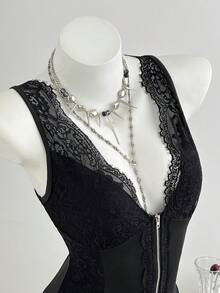 Elamini Blusa estiva sexy da donna con patchwork in pizzo e senza maniche - nero - Visualizzare 1