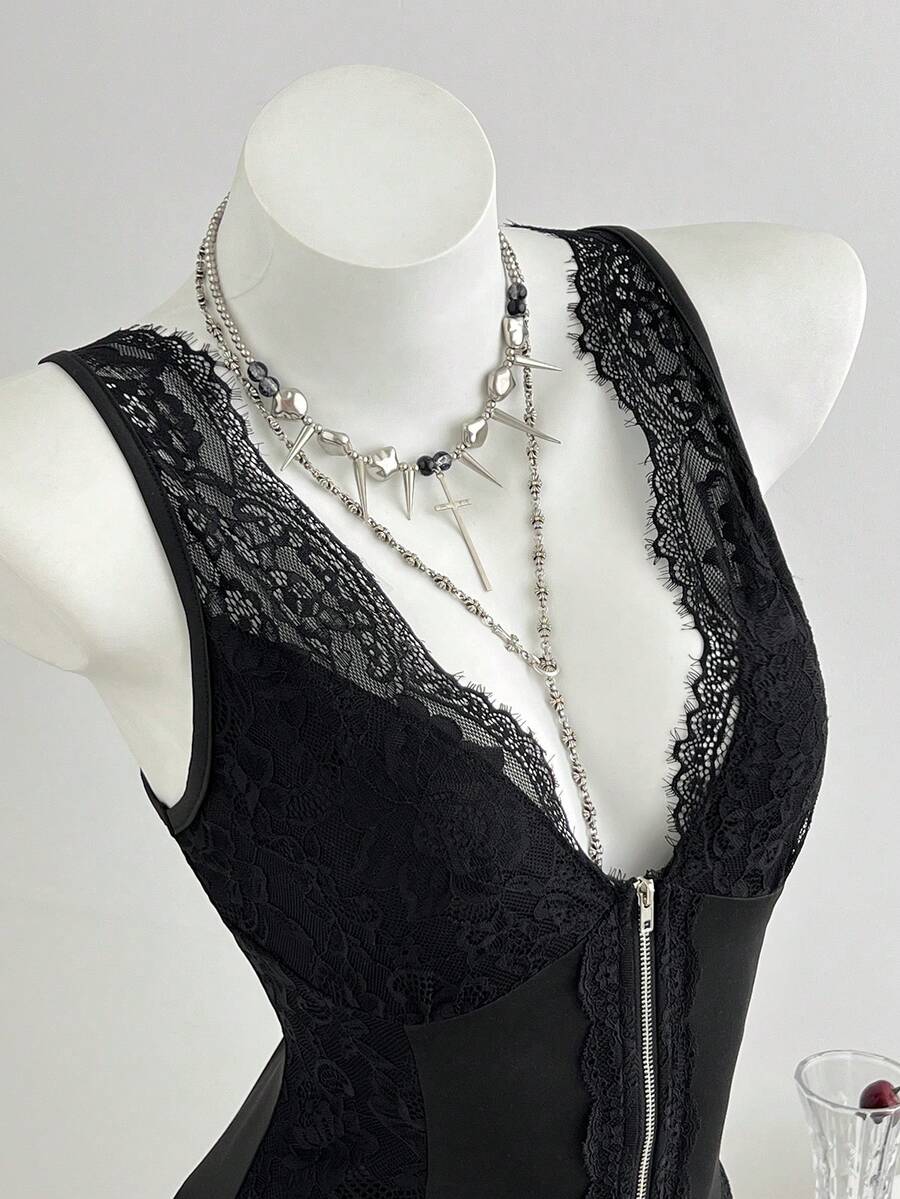 Elamini Blusa estiva sexy da donna con patchwork in pizzo e senza maniche - nero - Visualizzare 1